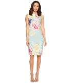 Tahari By Asl Scuba Crepe Floral Sheath Dress (sage/lemon/coral) Women's Dress