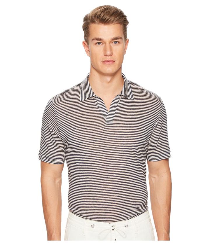 Eleventy Fine Stripe Linen Polo (navy/grey) Men's Clothing