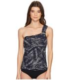 Michael Michael Kors Abstract Palm Logo Bar One Shoulder Tankini Top W/ Removable Soft Cups (new Navy) Women's Swimwear