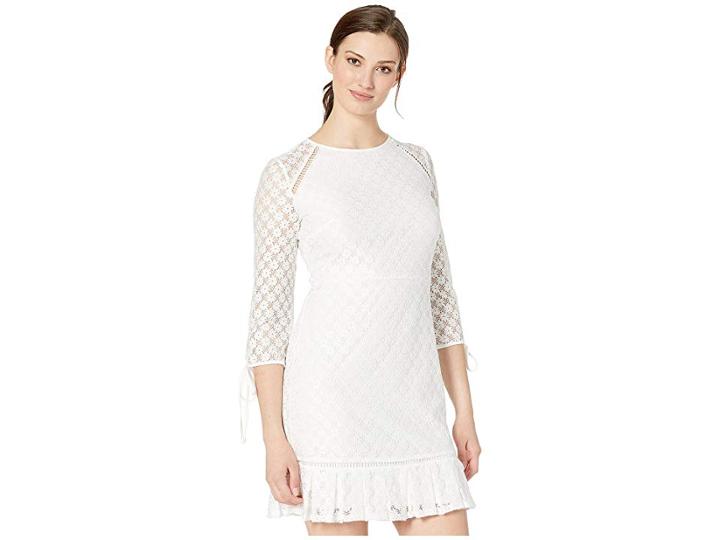 Nine West Lace 3/4 Sleeve Dress With Binding And Faggoting Details (ivory) Women's Dress