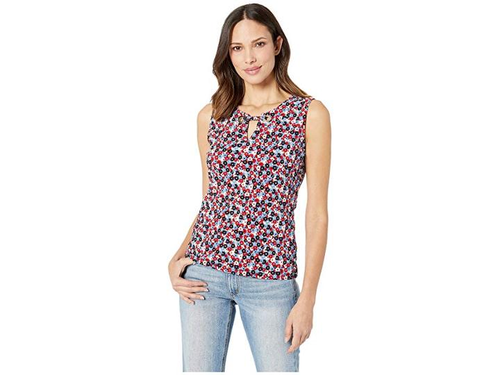Tommy Hilfiger Ditsy Floral Gromet Neck Knit Top (scarlet Multi) Women's Blouse