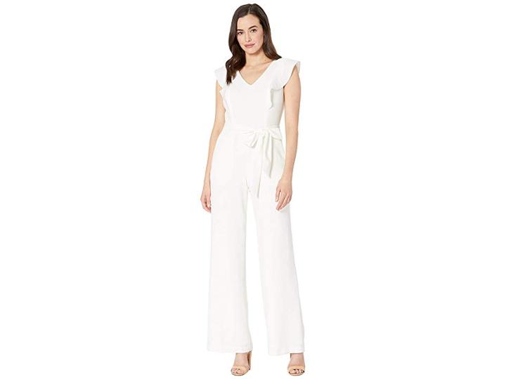Nine West Textured Crepe V-neck Flutter Sleeve Jumpsuit With Self Sash (ivory) Women's Jumpsuit & Rompers One Piece