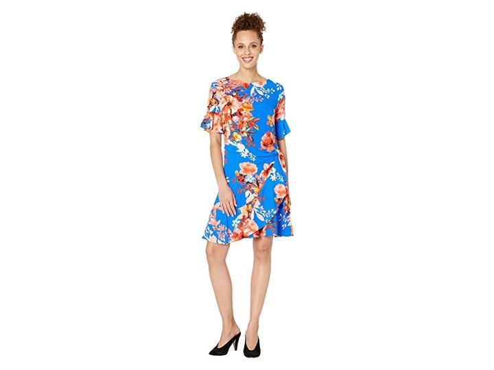 Eci Short Sleeve Floral Printed Faux Wrap Dress (blue) Women's Dress