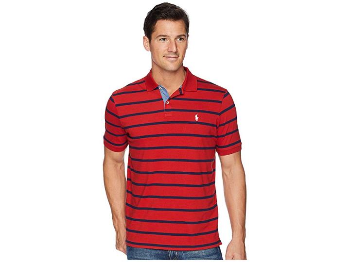 Polo Ralph Lauren Classic Fit Yarn-dyed Striped Knit Polo (red Beret/cruise Navy) Men's Clothing