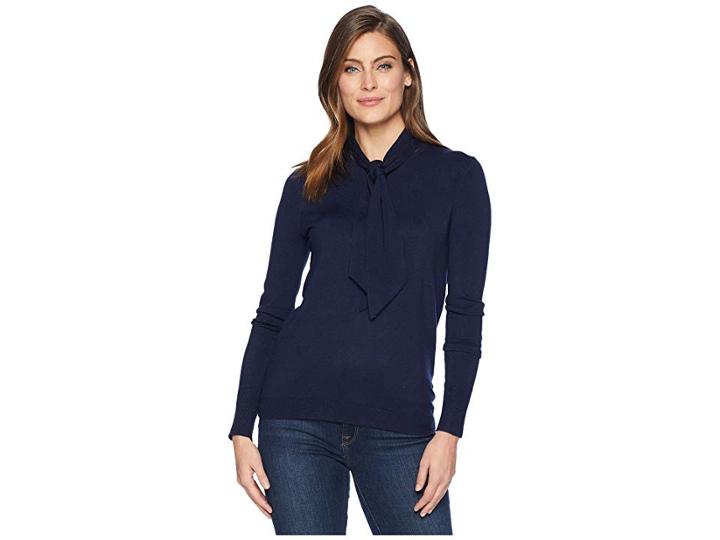 Elliott Lauren Long Sleeve Crew Neck Top With Detachable Tie (navy) Women's Clothing