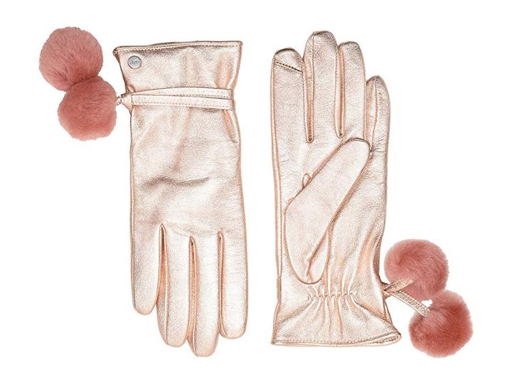 Ugg Sheepskin Pom And Leather Tech Gloves (rose Gold) Extreme Cold Weather Gloves