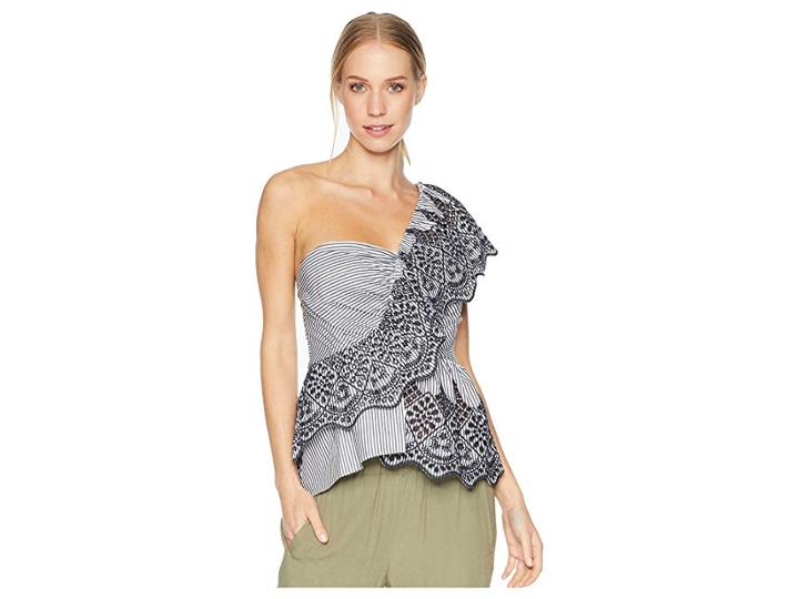 Bcbgmaxazria One-shoulder Embroidered Peplum Top (black/multi) Women's Clothing