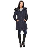 Jessica Simpson Long Puffer W/ Waist Detail Hood And Faux Fur (navy) Women's Coat