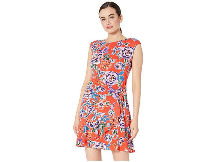 Eci Sleeveless Floral Printed Stretch Faux Wrap Dress (red) Women's Dress