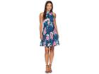 Vince Camuto Printed High Neck Fit And Flare With Racerback (blue Multi) Women's Dress