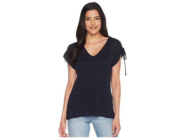 Two By Vince Camuto Drawstring Shoulder V-neck Linen Tee (dark Navy) Women's T Shirt