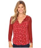 Lucky Brand Border Print Top (red Multi) Women's Clothing