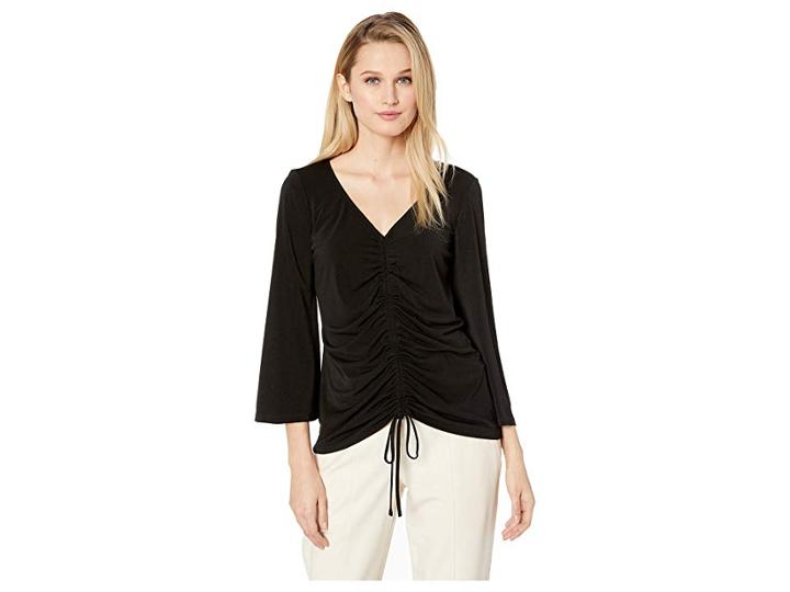 Eci 3/4 Sleeve V-neck Jersey Top With Drawstring Detail (black) Women's Clothing