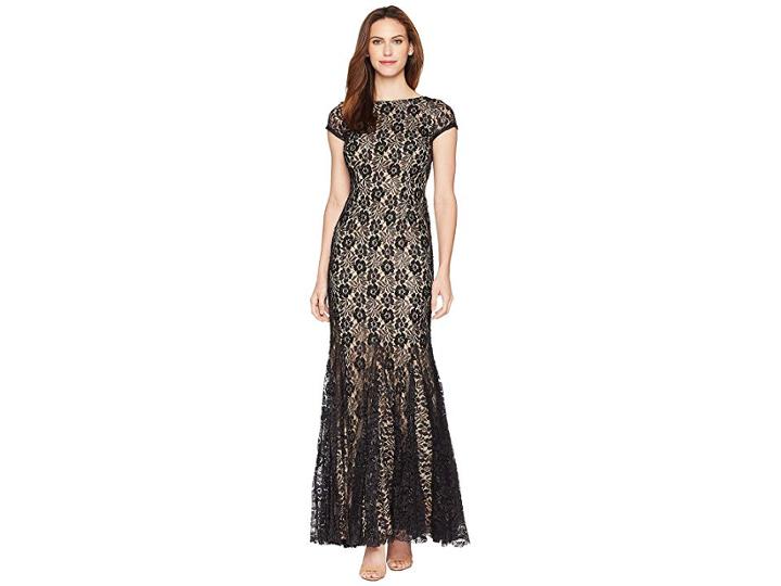Adrianna Papell Beaded Long Dress (black/nude) Women's Dress
