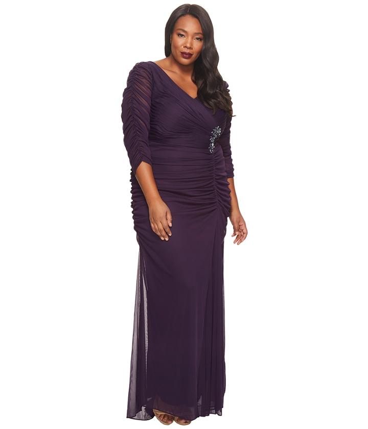 Adrianna Papell Plus Size 3/4 Sleeve Side Drape Gown (aubergine) Women's Dress