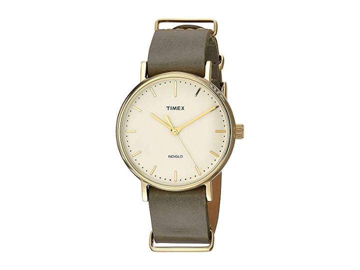 Timex Weekender Fairfield Leather Slip-thru Strap (olive/gold-tone/cream) Watches