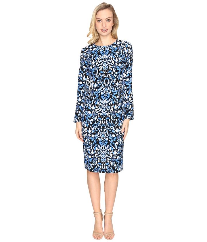 Maggy London Blossom Flower Printed Crepe Sheath Dress (black/azure) Women's Dress