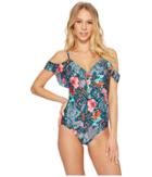 Laundry By Shelli Segal Floral Paisley Ruffle Plunge One-piece Swimsuit (deep Teal) Women's Swimsuits One Piece