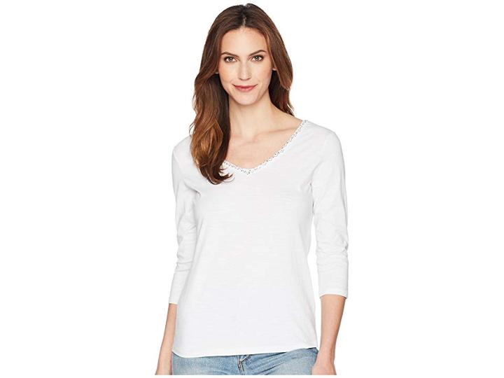 Tribal Solid Jersey Slub 3/4 Sleeve Beaded Top (white) Women's Long Sleeve Pullover