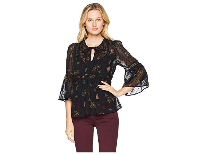 Lucky Brand Embroidered Ruffle Sleeve Top (black Multi) Women's Clothing