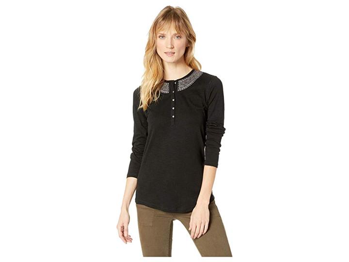Chaps Cotton Slub 1x1 Rib Long Sleeve Knit (polo Black) Women's Clothing