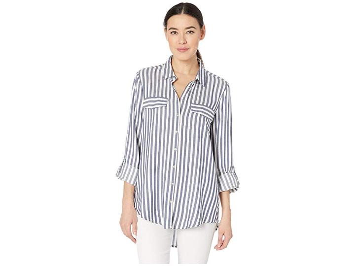 Alexander Jordan Long Sleeve 2 Faux Flap Pockets Shirt (white/blue 1) Women's Clothing