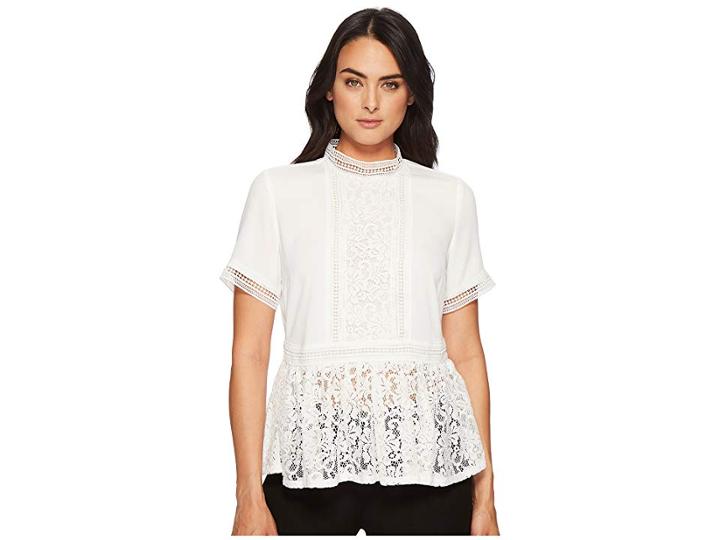 Catherine Catherine Malandrino Francine Short Sleeve High Neck Lace Inset Blouse (bright White) Women's Clothing