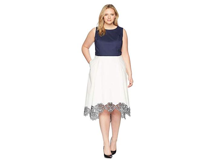 Tahari By Asl Plus Size Embroidered Hem Midi Dress (white/navy) Women's Dress