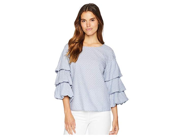 Kensie Swiss Dot Mix Tiered Sleeve Top Ks7k4694 (navy Noir Combo) Women's Clothing