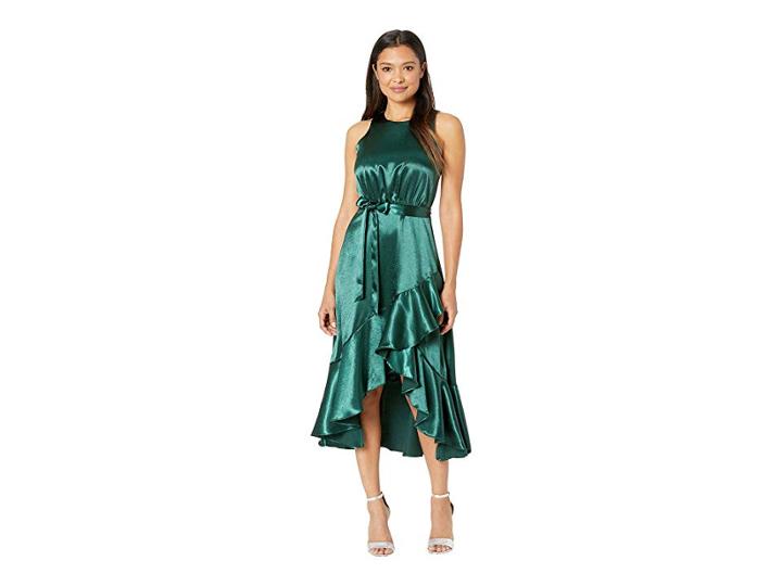 Taylor Satin Sleeveless Ruffle Hem Tie Sash Dress (hunter Green) Women's Dress