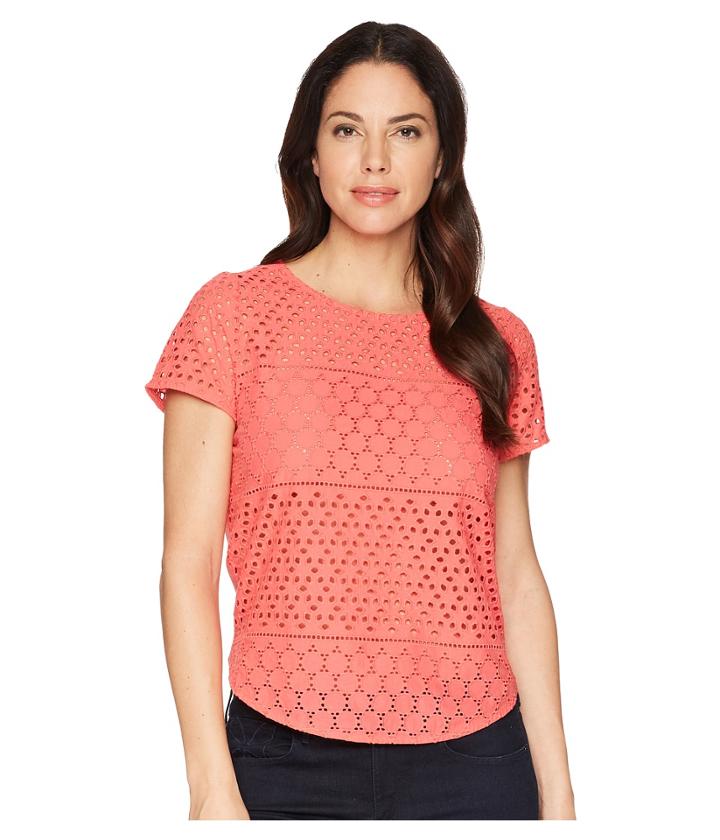 Joules Nadine Broderie Front/jersey Back Top (red Sky) Women's T Shirt