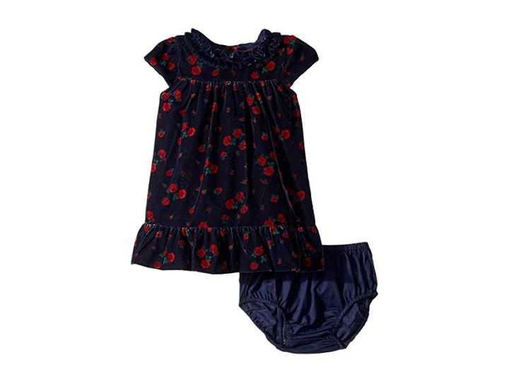 Janie And Jack Cap Sleeve Velvet Dress (infant) (navy Floral) Girl's Dress