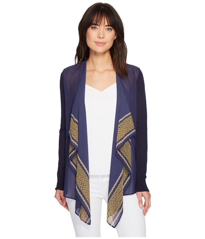 Michael Michael Kors Woven Pattern Mix Cardigan (true Navy) Women's Sweater