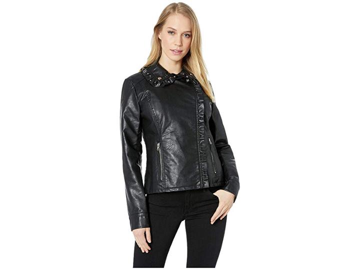 Jessica Simpson Ruffle Detail Pu Jacket (black) Women's Coat