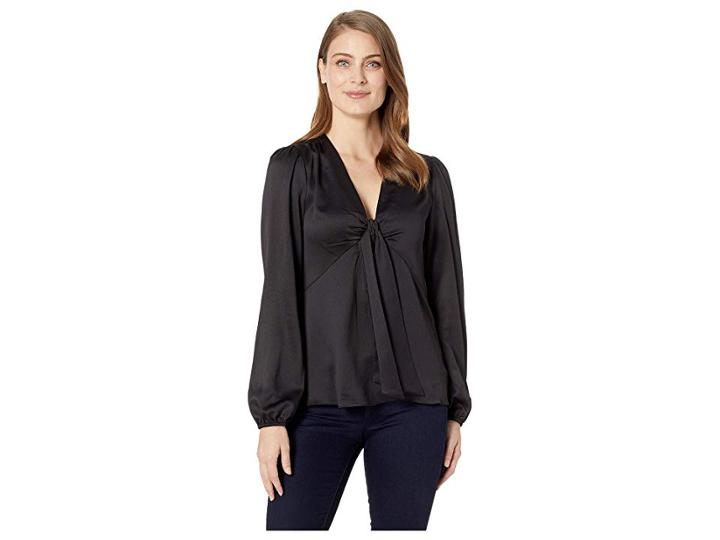 Michael Michael Kors V-neck Tie Long Sleeve Top (black) Women's Clothing