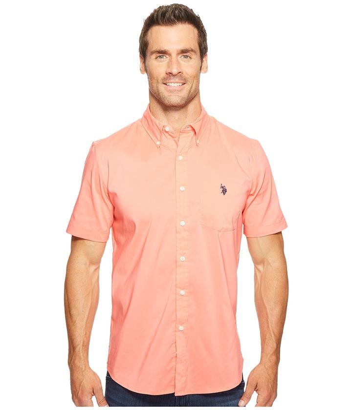 U.s. Polo Assn. Short Sleeve Single Pocket Slim Fit Solid Sport Shirt (pink Coral) Men's T Shirt