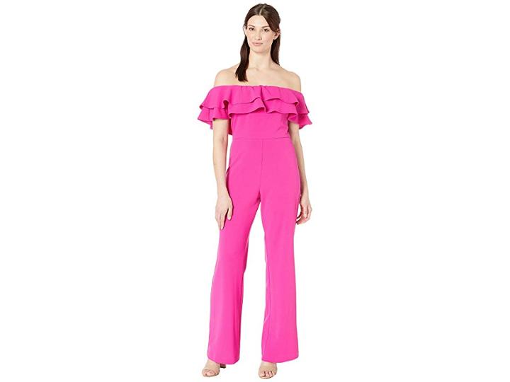 Marina Crepe Jumpsuit With Off Shoulder Ruffle Top (fuchsia) Women's Jumpsuit & Rompers One Piece