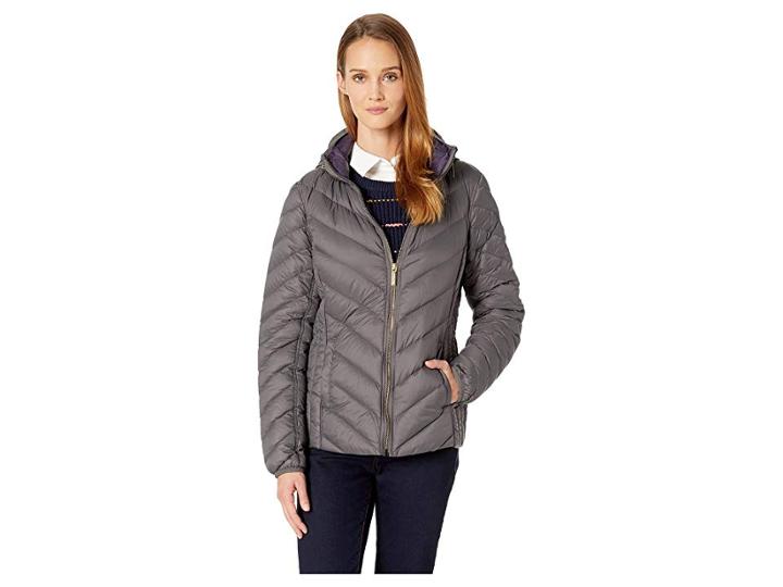 Michael Michael Kors Zip Front Packable With Hidden Hood M823044gka (rock Grey) Women's Coat