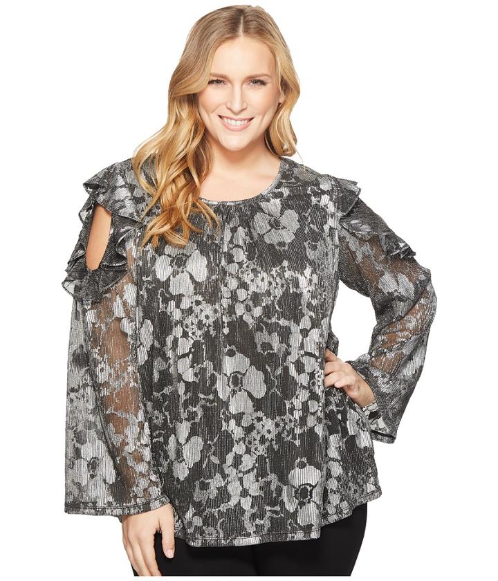 Michael Michael Kors Plus Size Ruffle Cold Shoulder Long Sleeve Top (black/silver Foil) Women's Clothing