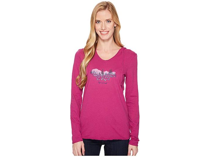 Life Is Good Wildflower Watercolor Hooded Long Sleeve Smooth Tee (sassy Magenta) Women's T Shirt