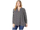 Anne Klein Plus Size Double Stripe Print Split-neck Top (black/parchment) Women's Clothing