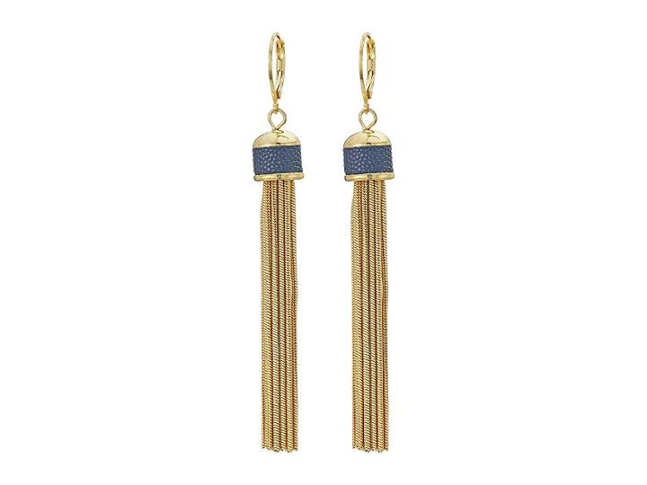Vince Camuto Tassel Earrings With Leather Inlay (gold/eclipse Blue Leather) Earring