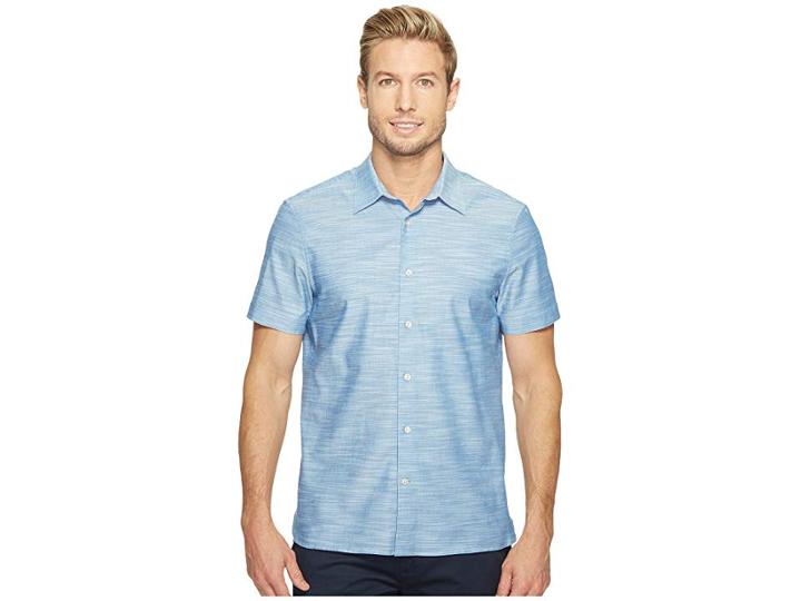 Perry Ellis Short Sleeve Solid Slub Texture Shirt (classic Blue) Men's Clothing