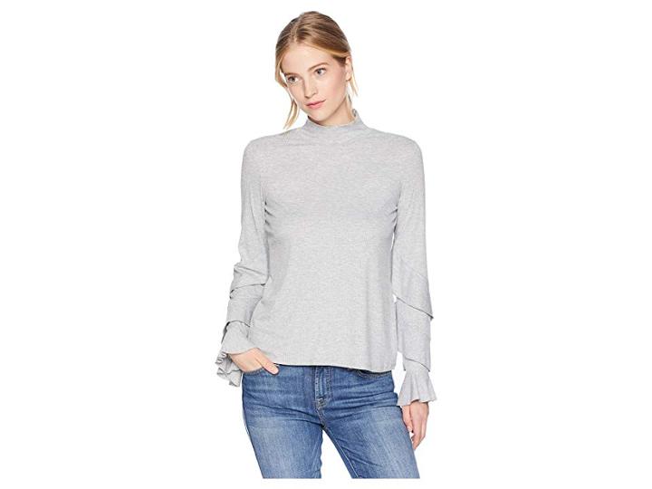 1.state Long Sleeve Ruffle Sleeve Rib Knit Top (light Heather Grey) Women's Clothing