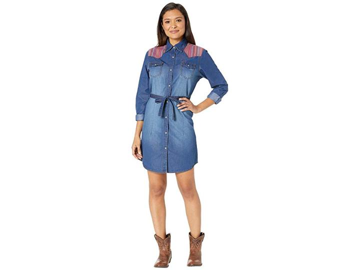 Wrangler Dobby Yoke Long Sleeve Shirtdress (blue) Women's Dress