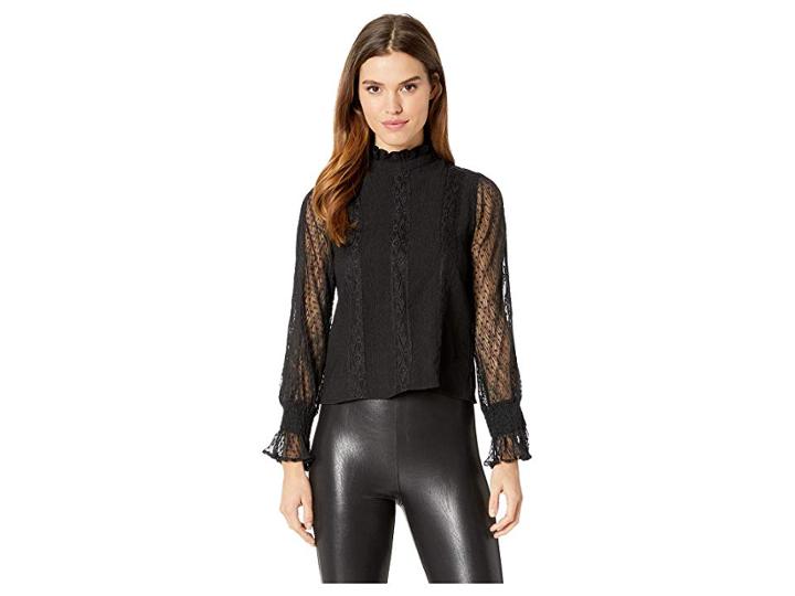 J.o.a. Woven Mesh Top With Smocking Details (black) Women's Long Sleeve Pullover