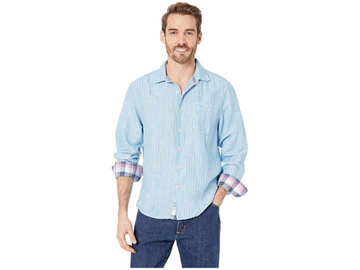 Tommy Bahama Long Sleeve Sand Linen Stripe Shirt (cobalt Sea) Men's Clothing