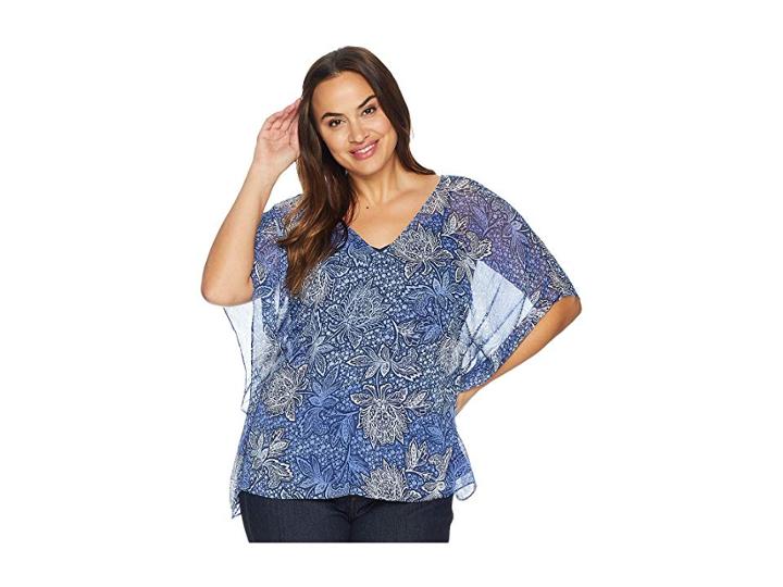 Nydj Plus Size Plus Size Chiffon Caftan Popover (malibu Floral Peacoat) Women's Clothing