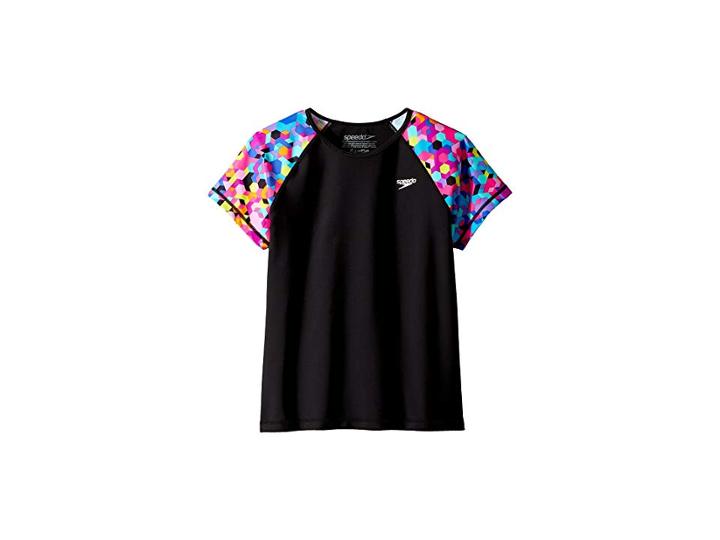 Speedo Kids Printed Short Sleeve Rashguard (little Kids/big Kids) (new Black) Girl's Swimwear
