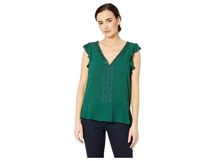 Michael Michael Kors V-neck Lace Trim Top (dark Emerald) Women's Clothing